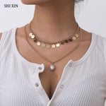 SHIXIN 2 Pce/Set Layered Pearl Pendant Necklace for Women Punk Short Round Sequin Choker Necklace Colar on the Neck Jewelry 2020